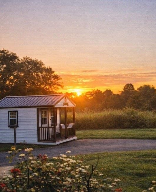 The Rise Room — a small cabin at sunrise on the Startown Rise property